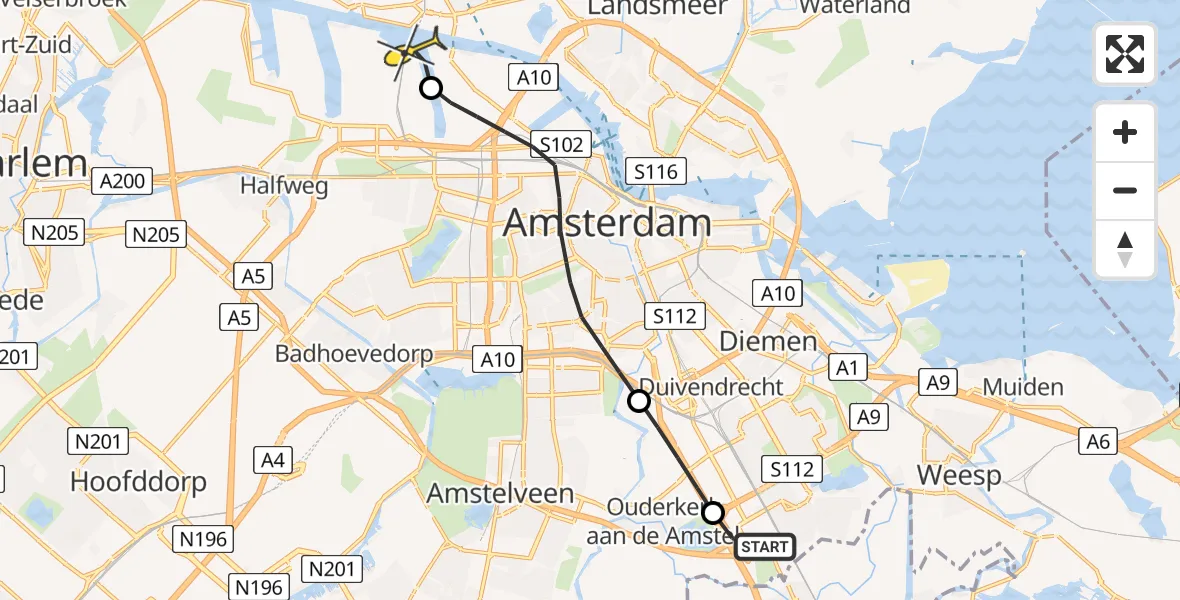 Routekaart van de vlucht: Lifeliner 1 naar Amsterdam Heliport, Tafelbergweg