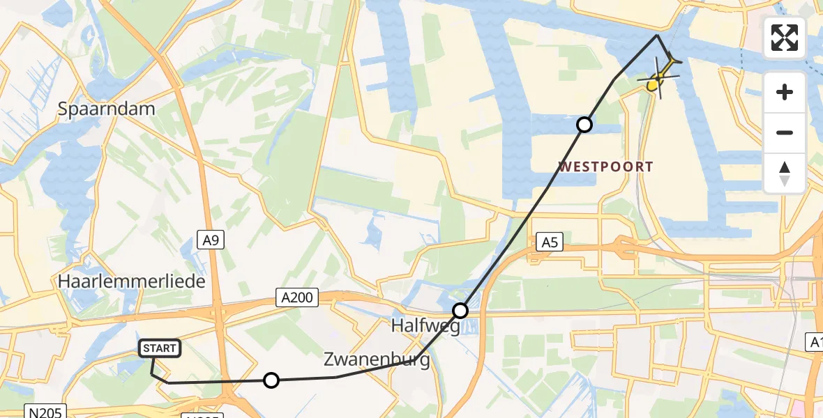 Routekaart van de vlucht: Lifeliner 1 naar Amsterdam Heliport, Kromme Spieringweg