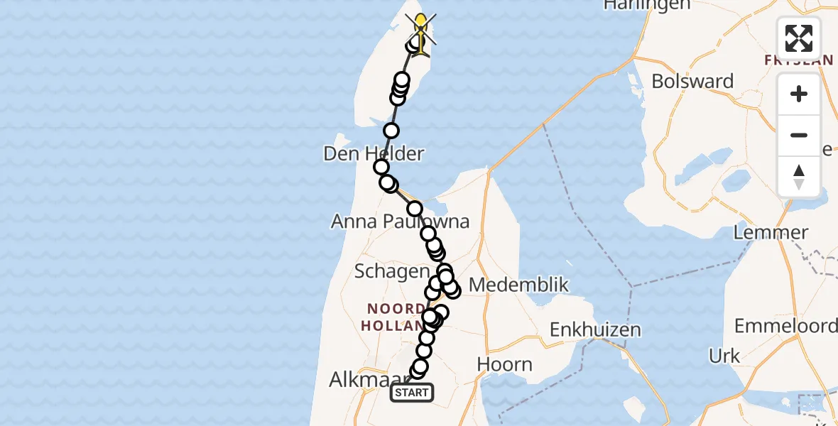 Routekaart van de vlucht: Politieheli naar De Cocksdorp, Noordertocht