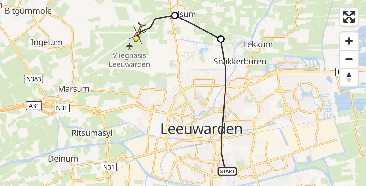 Vluchtroute Ambulancehelikopter van Leeuwarden naar Vliegbasis Leeuwarden