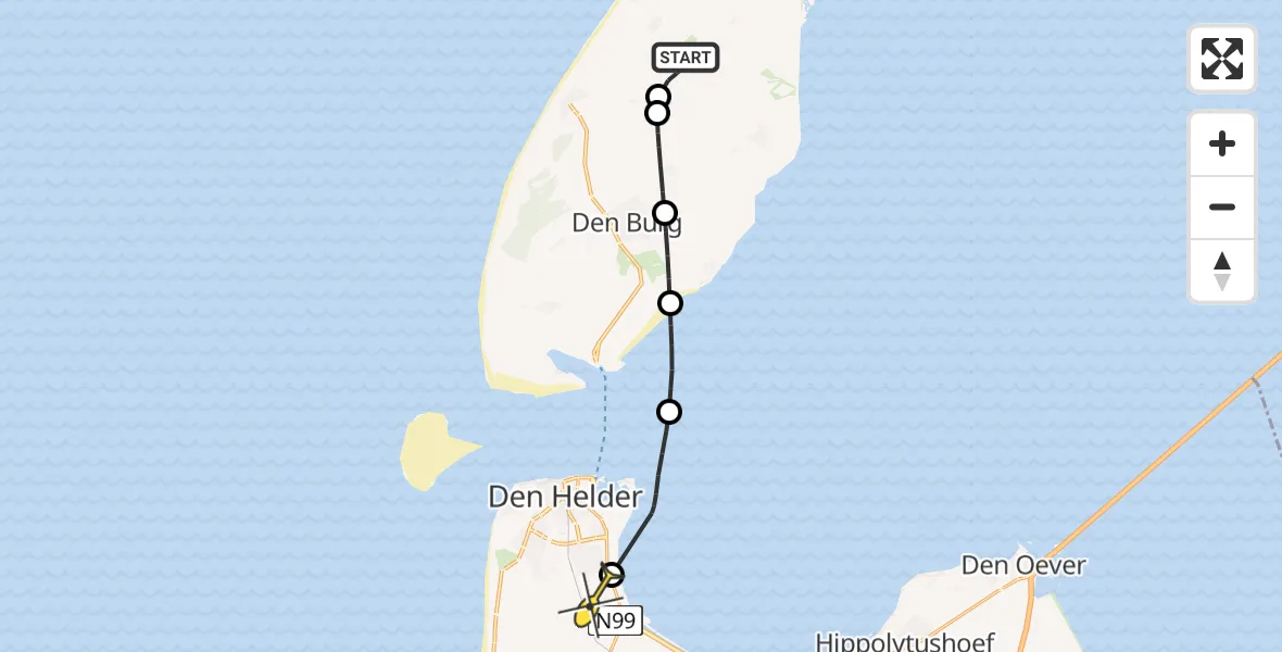 Routekaart van de vlucht: Politiehelikopter naar Vliegveld De Kooy, Postweg