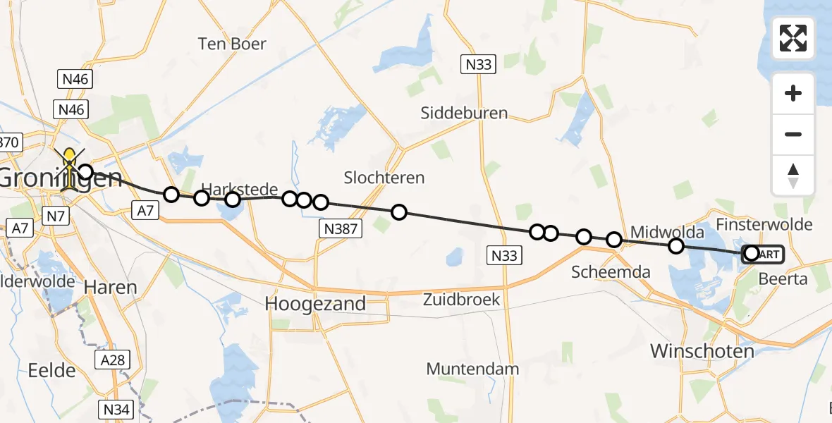 Routekaart van de vlucht: Lifeliner 4 naar Universitair Medisch Centrum Groningen, Falster