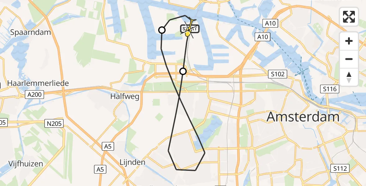 Routekaart van de vlucht: Lifeliner 1 naar Amsterdam Heliport, Nieuw-Zeelandweg