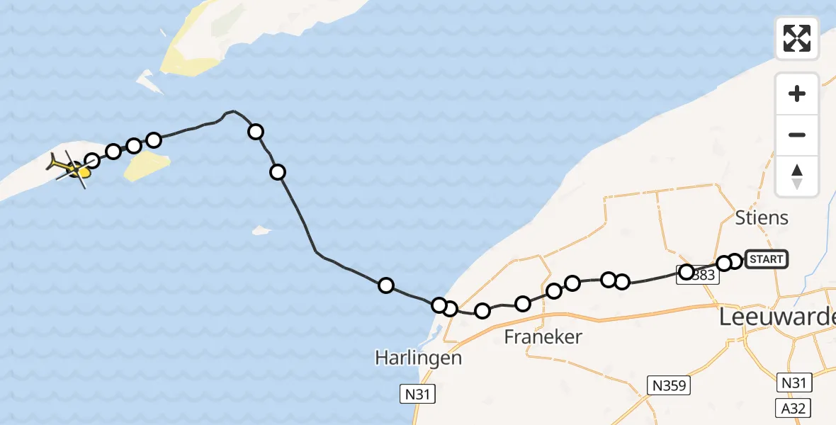 Routekaart van de vlucht: Ambulanceheli naar Vlieland, Bitgumerlân