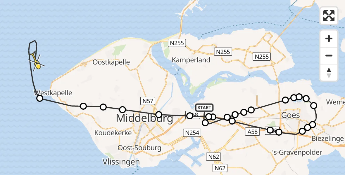 Routekaart van de vlucht: Kustwachthelikopter naar Vlissingen, Postweg