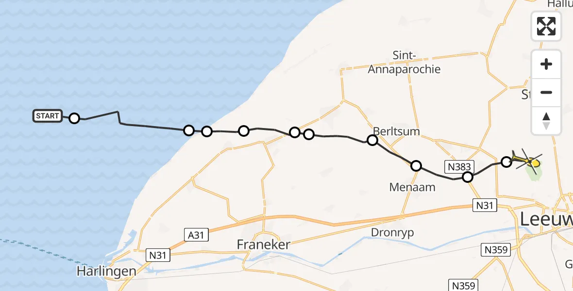 Routekaart van de vlucht: Ambulanceheli naar Vliegbasis Leeuwarden, Keegsdijkje