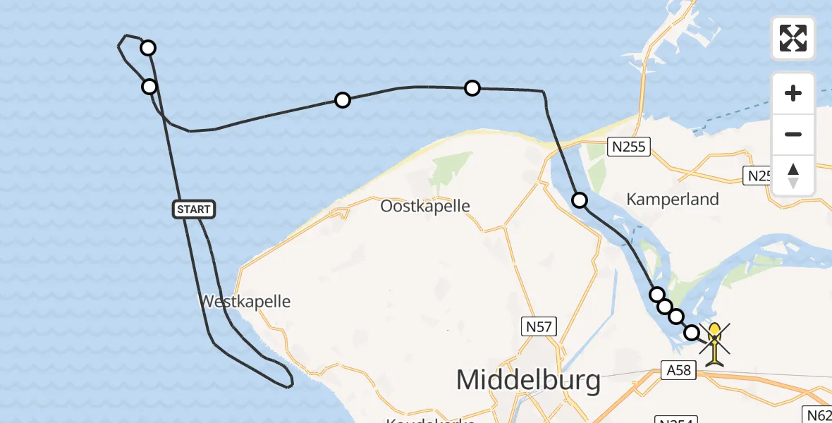 Routekaart van de vlucht: Kustwachthelikopter naar Vliegveld Midden-Zeeland, Calandweg