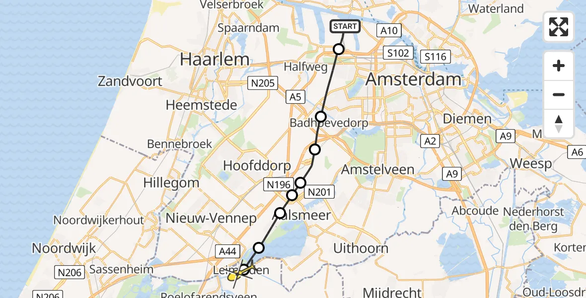 Routekaart van de vlucht: Lifeliner 1 naar Leimuiden, Nieuw-Zeelandweg