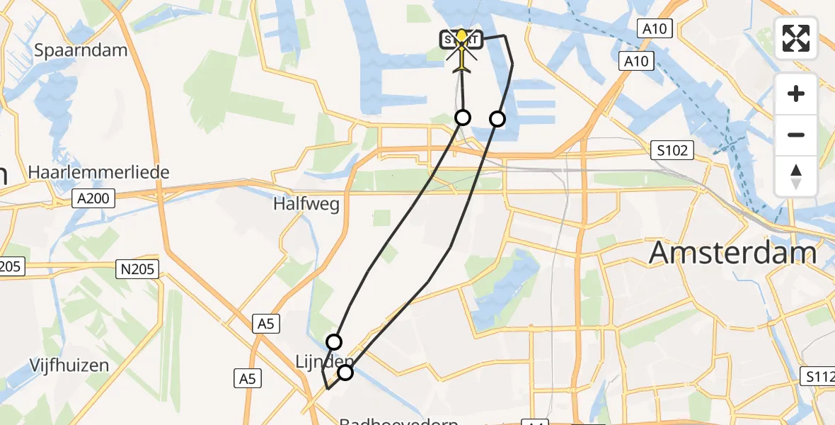 Routekaart van de vlucht: Lifeliner 1 naar Amsterdam Heliport, Westhavenweg