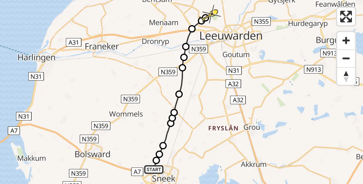 Routekaart van de vlucht: Ambulanceheli naar Vliegbasis Leeuwarden, Sint Martensdyk