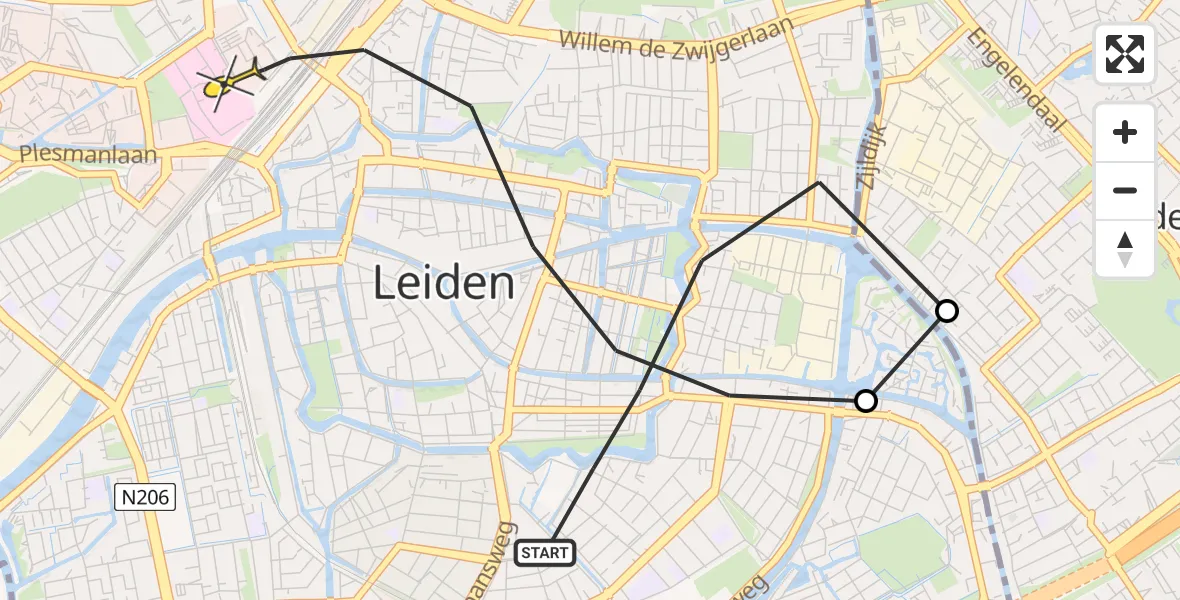 Routekaart van de vlucht: Lifeliner 2 naar Leiden, Zijlsingel