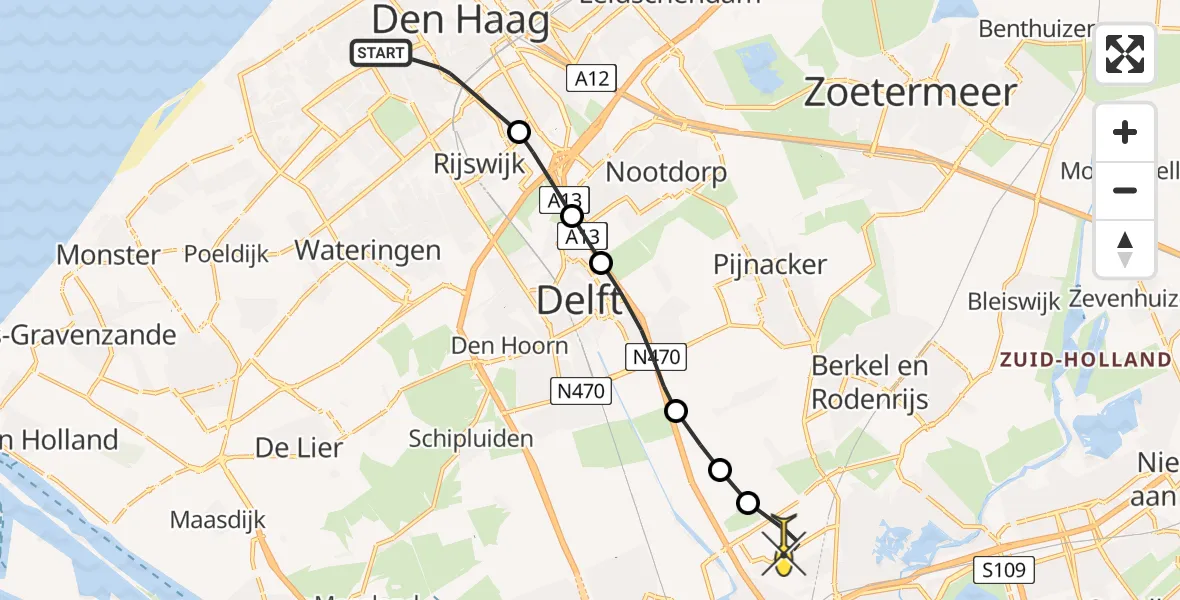 Routekaart van de vlucht: Politieheli naar Rotterdam The Hague Airport, Vaillantlaan