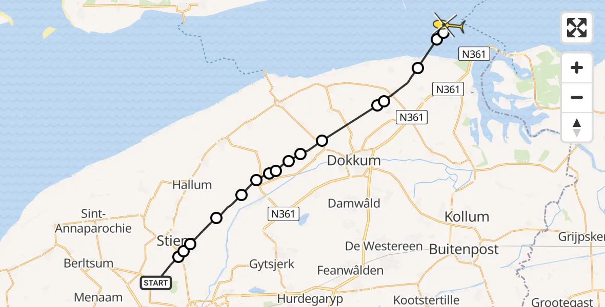 Routekaart van de vlucht: Ambulanceheli naar Schiermonnikoog, Bartenswei