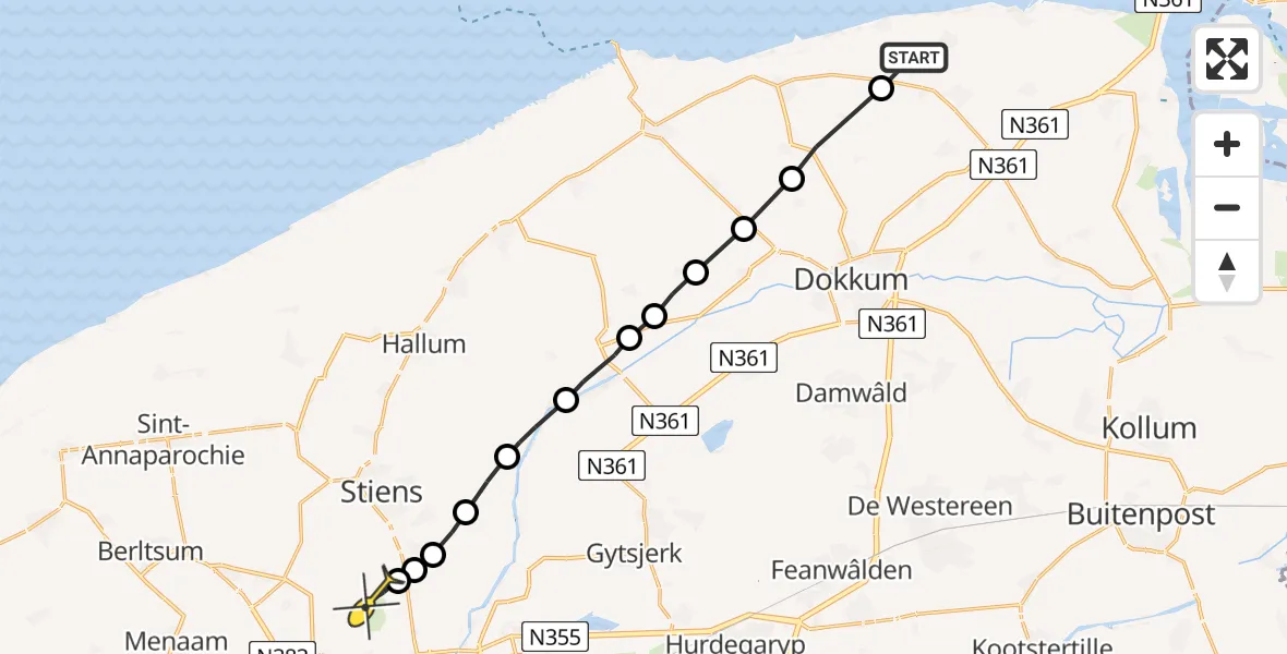 Routekaart van de vlucht: Ambulanceheli naar Vliegbasis Leeuwarden, Wiesterwei