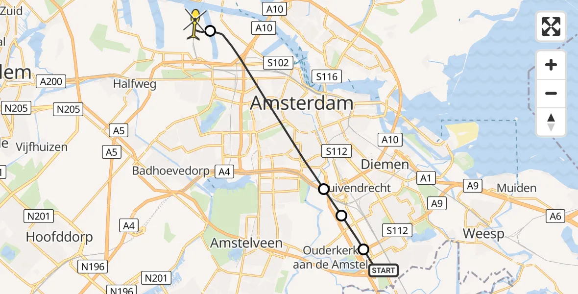 Routekaart van de vlucht: Lifeliner 1 naar Amsterdam Heliport, Snijdersbergweg