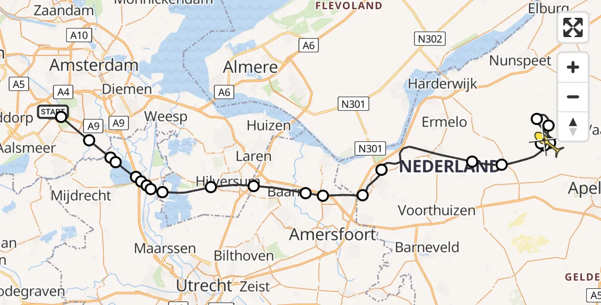 Routekaart van de vlucht: Politiehelikopter naar Elspeet, Schipholweg