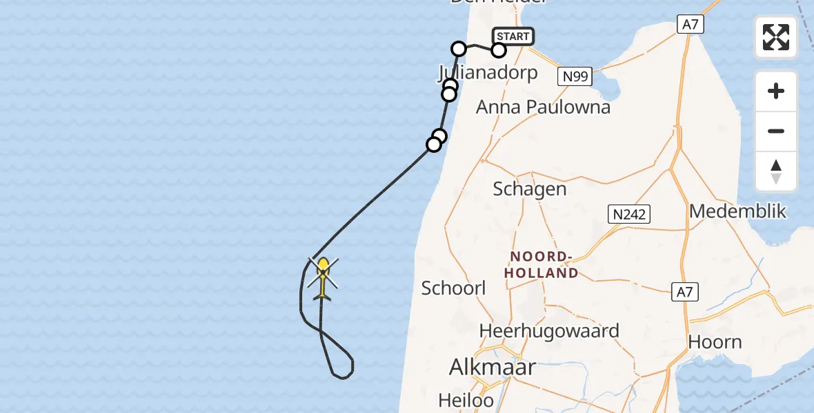 Routekaart van de vlucht: Kustwachthelikopter naar Middenvliet