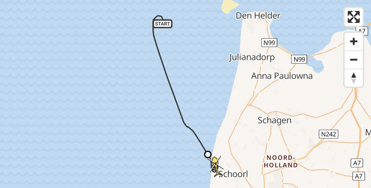 Routekaart van de vlucht: Kustwachthelikopter naar Schoorl, Baaknolweg