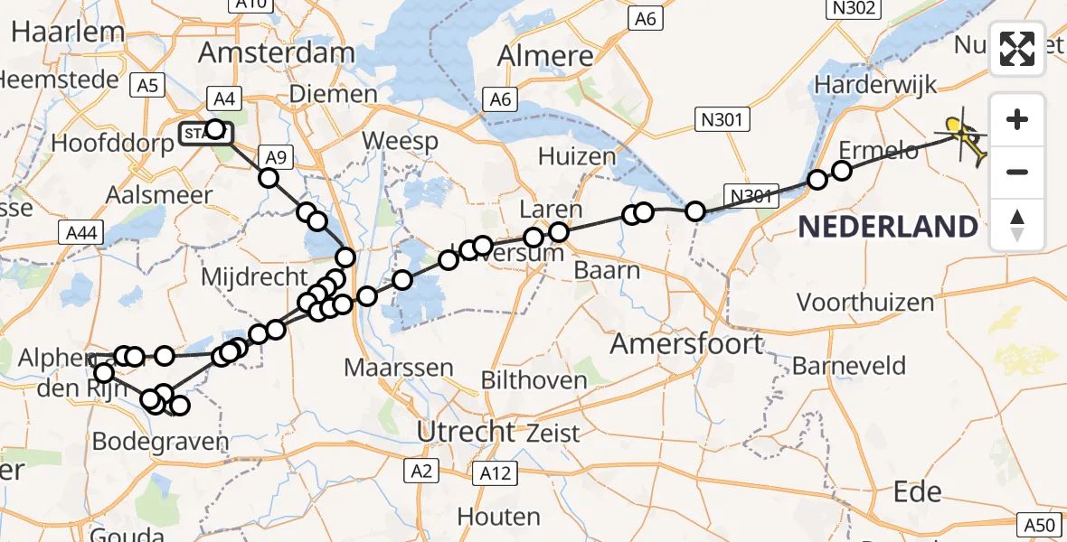 Routekaart van de vlucht: Politieheli naar Ermelo, Schipholweg