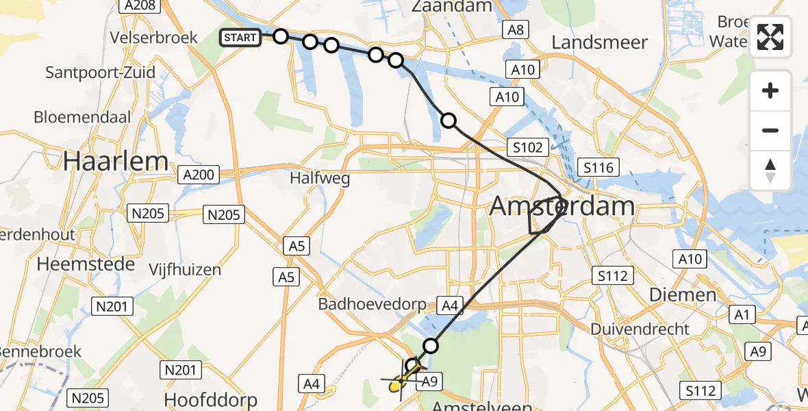 Routekaart van de vlucht: Politieheli naar Schiphol, Noordzeekanaalweg