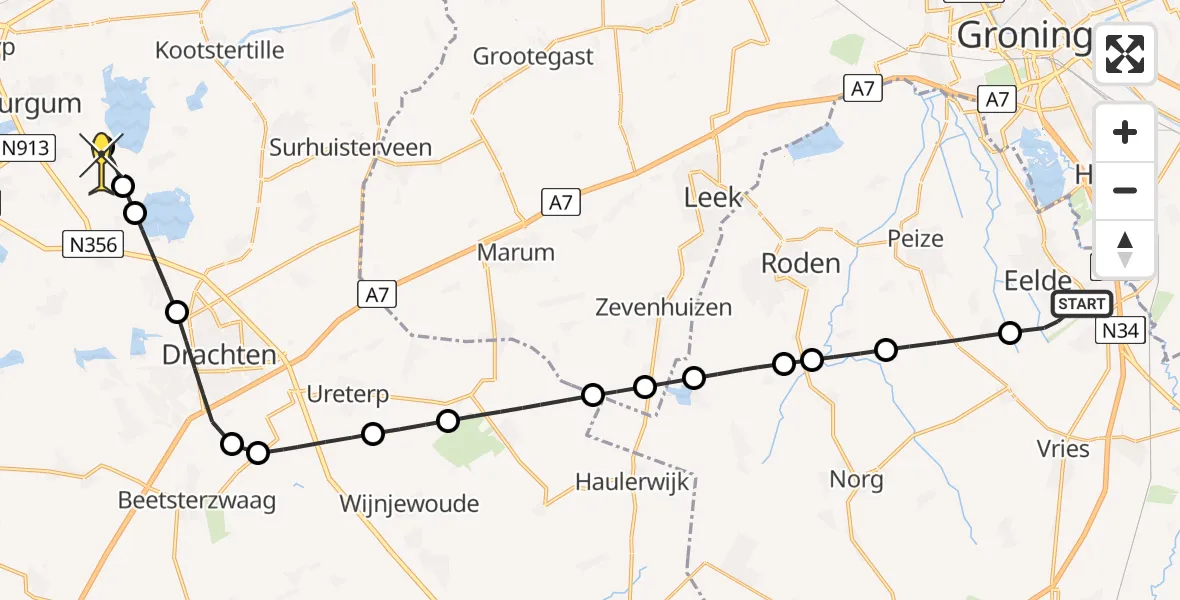 Routekaart van de vlucht: Lifeliner 4 naar Sumar, Veldkampweg