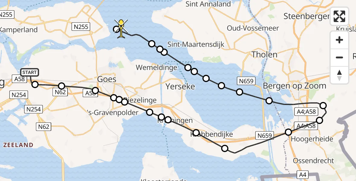 Routekaart van de vlucht: Kustwachthelikopter naar Kats, Noord Kraaijertsedijk