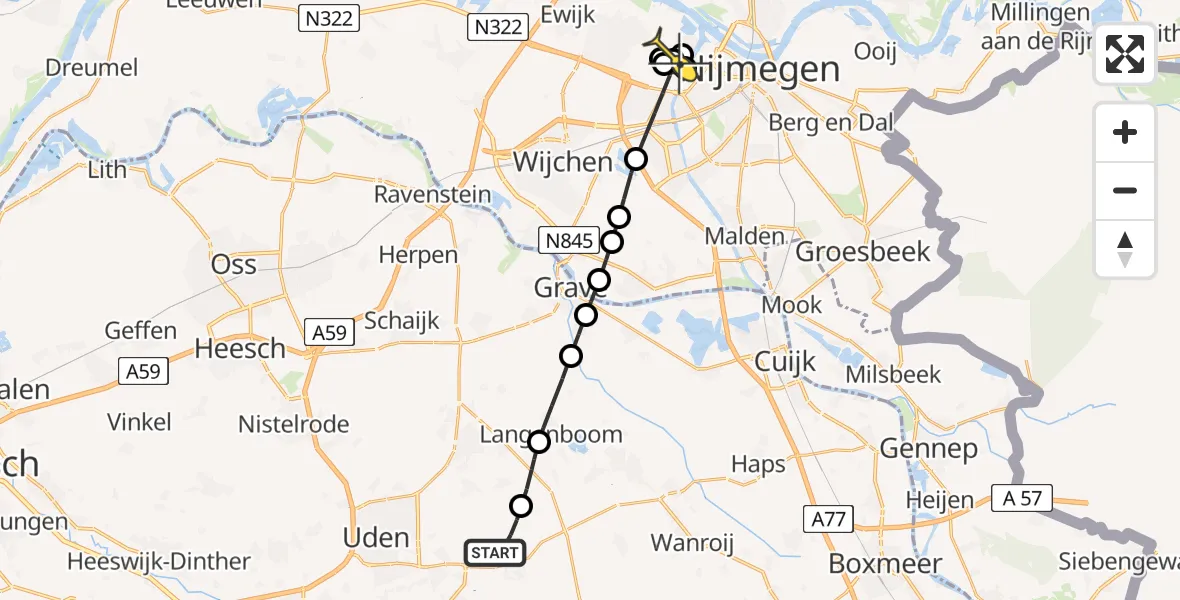 Routekaart van de vlucht: Lifeliner 3 naar Nijmegen, Zeelandsedijk