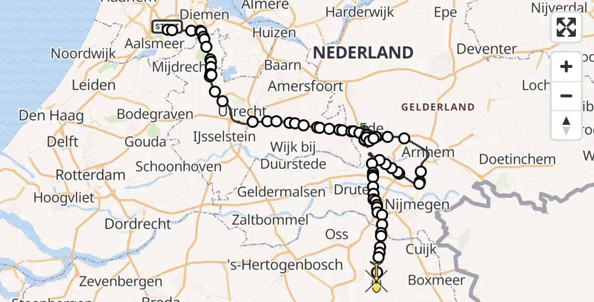 Routekaart van de vlucht: Politieheli naar Vliegbasis Volkel, Van Weerden-Poelmanweg