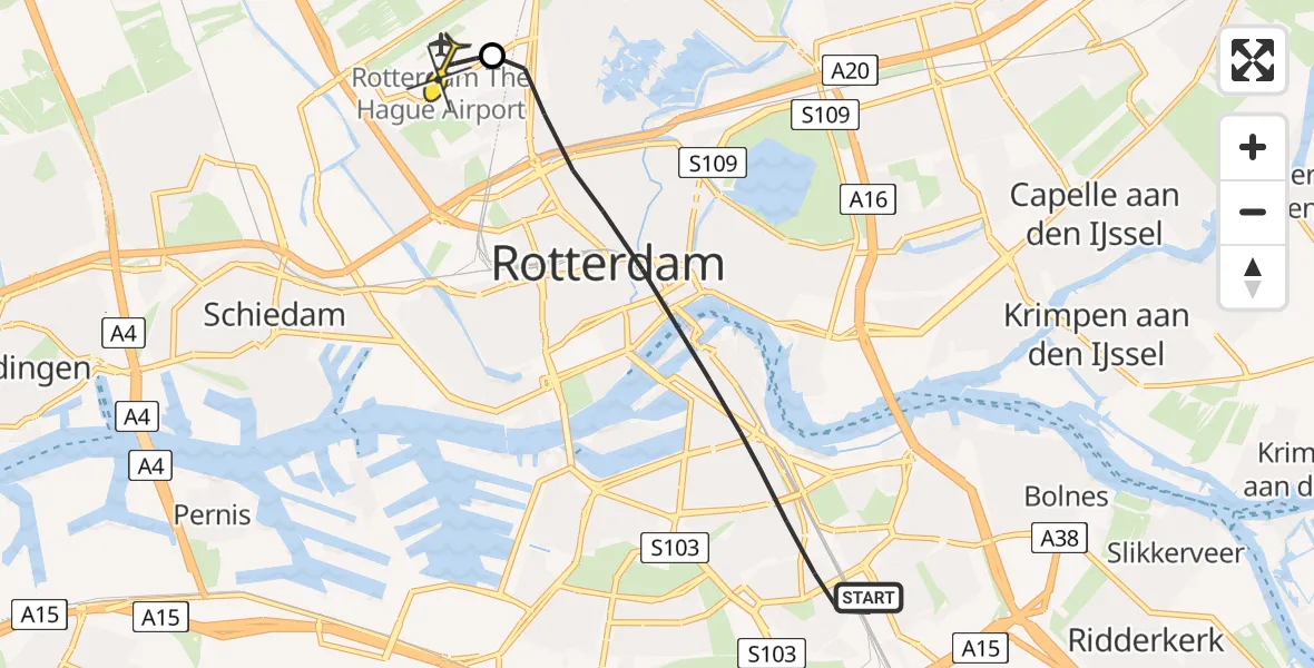 Routekaart van de vlucht: Lifeliner 3 naar Rotterdam The Hague Airport, Platostraat