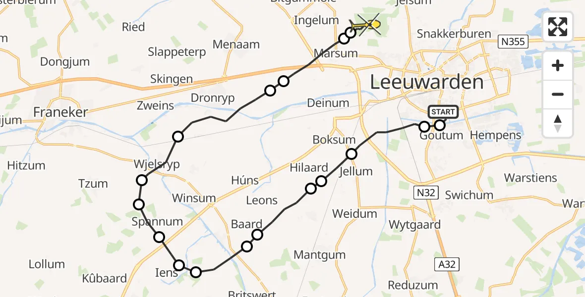 Routekaart van de vlucht: Ambulanceheli naar Vliegbasis Leeuwarden, Redbadwei