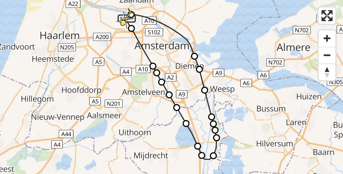 Routekaart van de vlucht: Lifeliner 1 naar Amsterdam Heliport, Corsicaweg