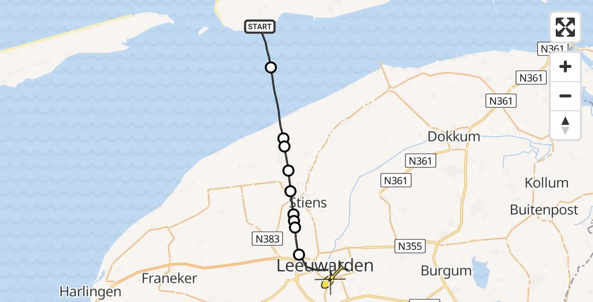 Routekaart van de vlucht: Ambulanceheli naar Leeuwarden, Uitwatering