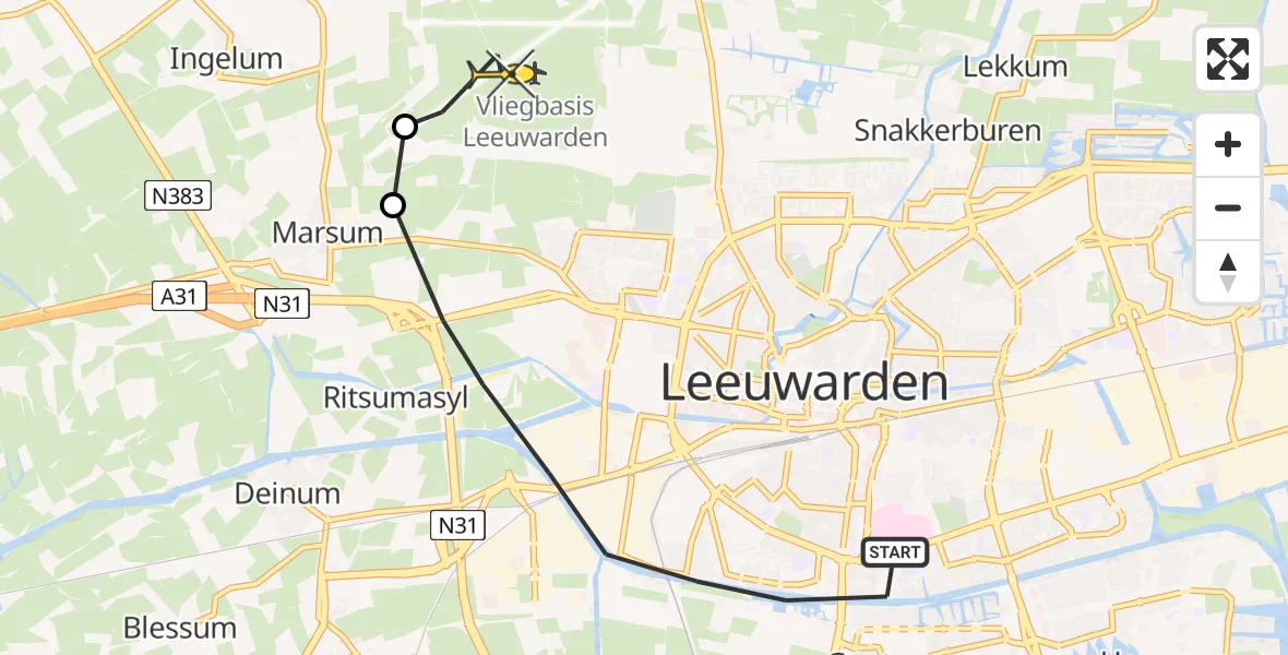 Vluchtroute Ambulancehelikopter van Leeuwarden naar Vliegbasis Leeuwarden