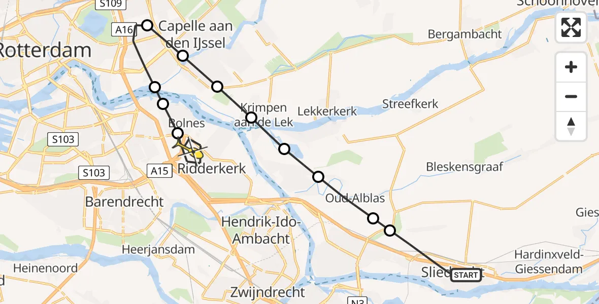 Routekaart van de vlucht: Lifeliner 2 naar Ridderkerk, Deltalaan