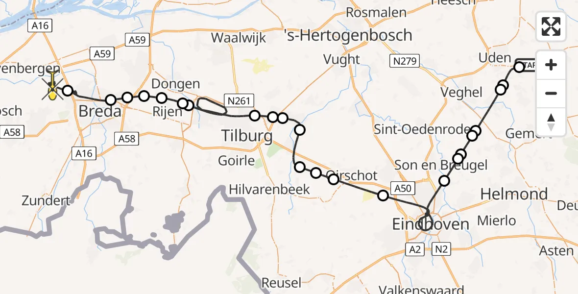 Routekaart van de vlucht: Politieheli naar Prinsenbeek, Rondweg Volkel