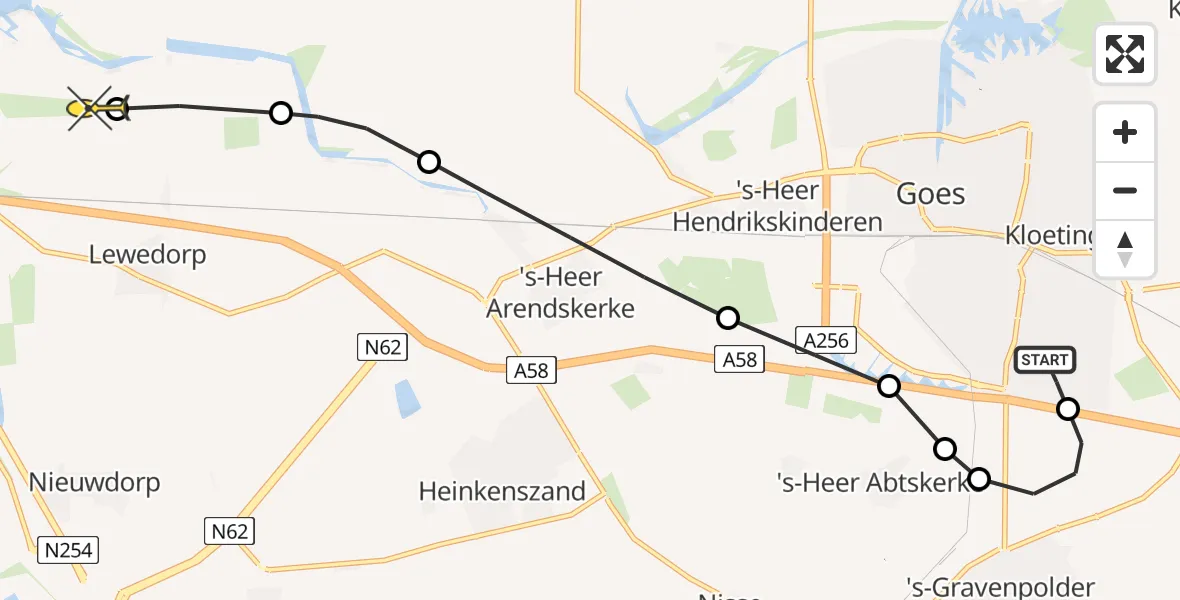 Routekaart van de vlucht: Kustwachthelikopter naar Vliegveld Midden-Zeeland, Spaanweg