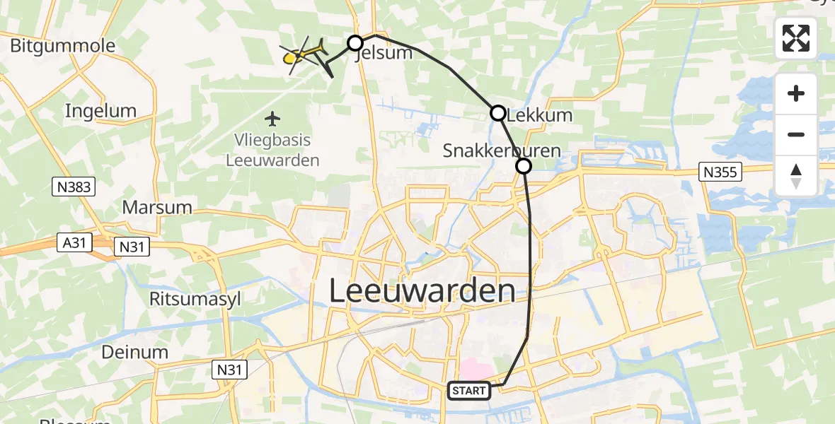 Vluchtroute Ambulancehelikopter van Leeuwarden naar Vliegbasis Leeuwarden
