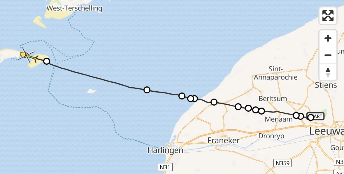 Routekaart van de vlucht: Ambulancehelikopter naar Vlieland, Mieddyk