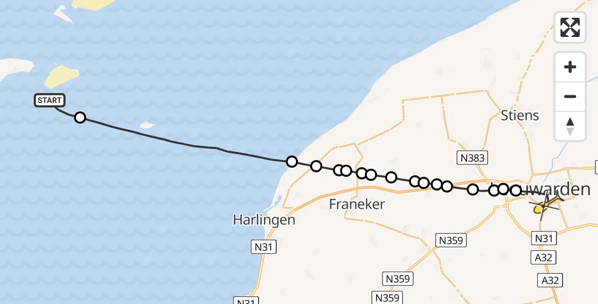 Routekaart van de vlucht: Ambulanceheli naar Leeuwarden, Borniastraat