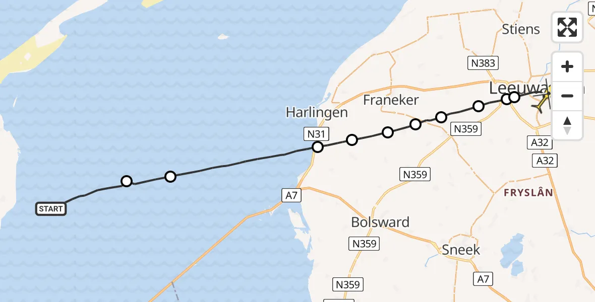 Routekaart van de vlucht: Ambulanceheli naar Leeuwarden, Henri Dunantweg