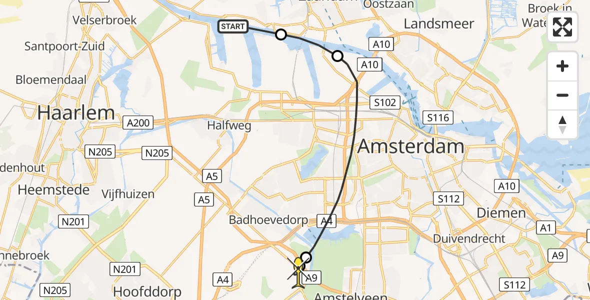 Routekaart van de vlucht: Politieheli naar Schiphol, Hemweg