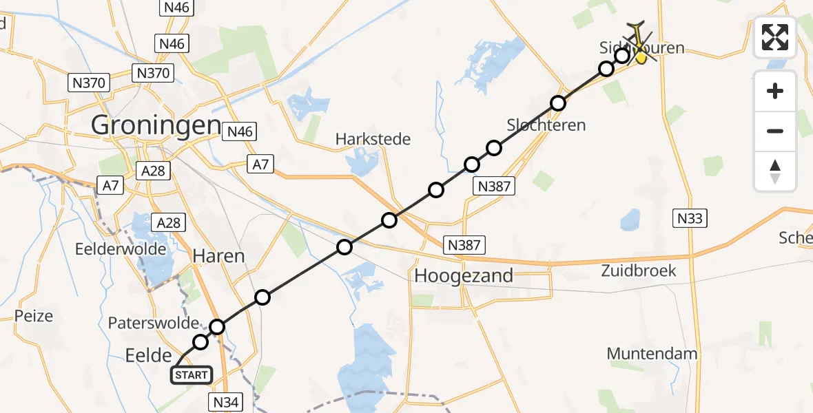 Routekaart van de vlucht: Lifeliner 4 naar Siddeburen, Burgemeester J.G. Legroweg