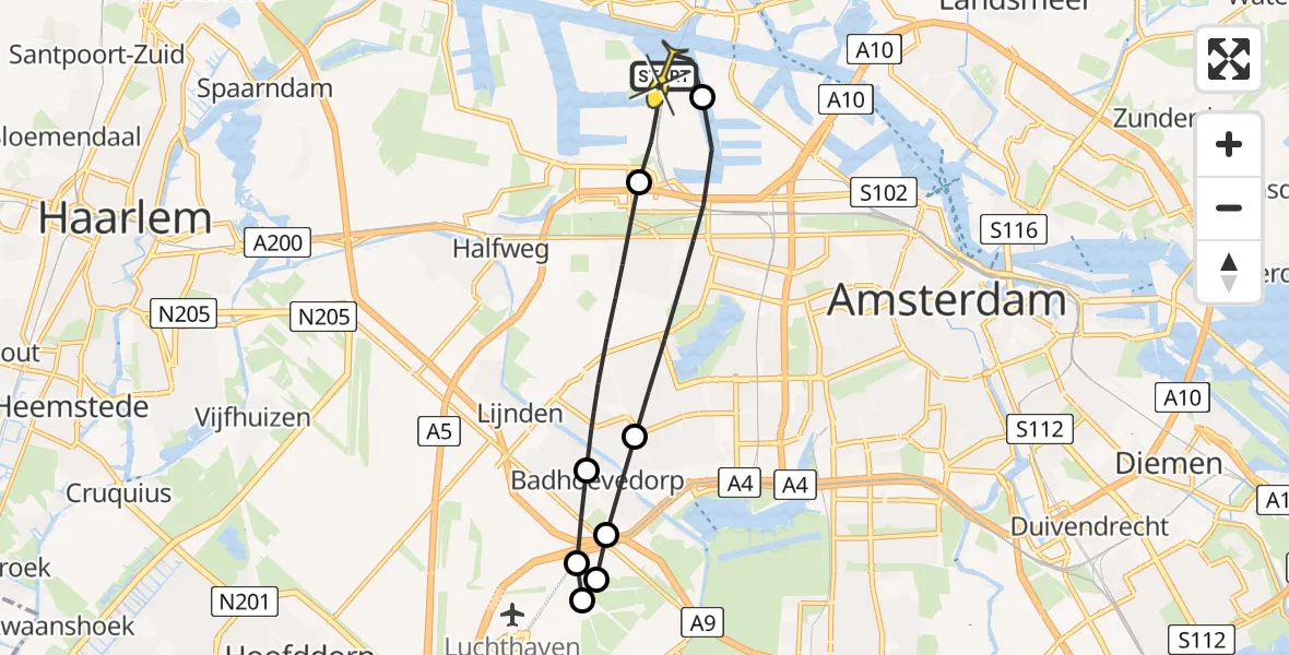 Routekaart van de vlucht: Lifeliner 1 naar Amsterdam Heliport, Ceintuurbaan