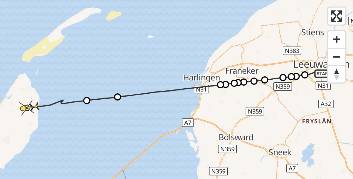 Routekaart van de vlucht: Ambulanceheli naar De Cocksdorp, Boksumerdyk