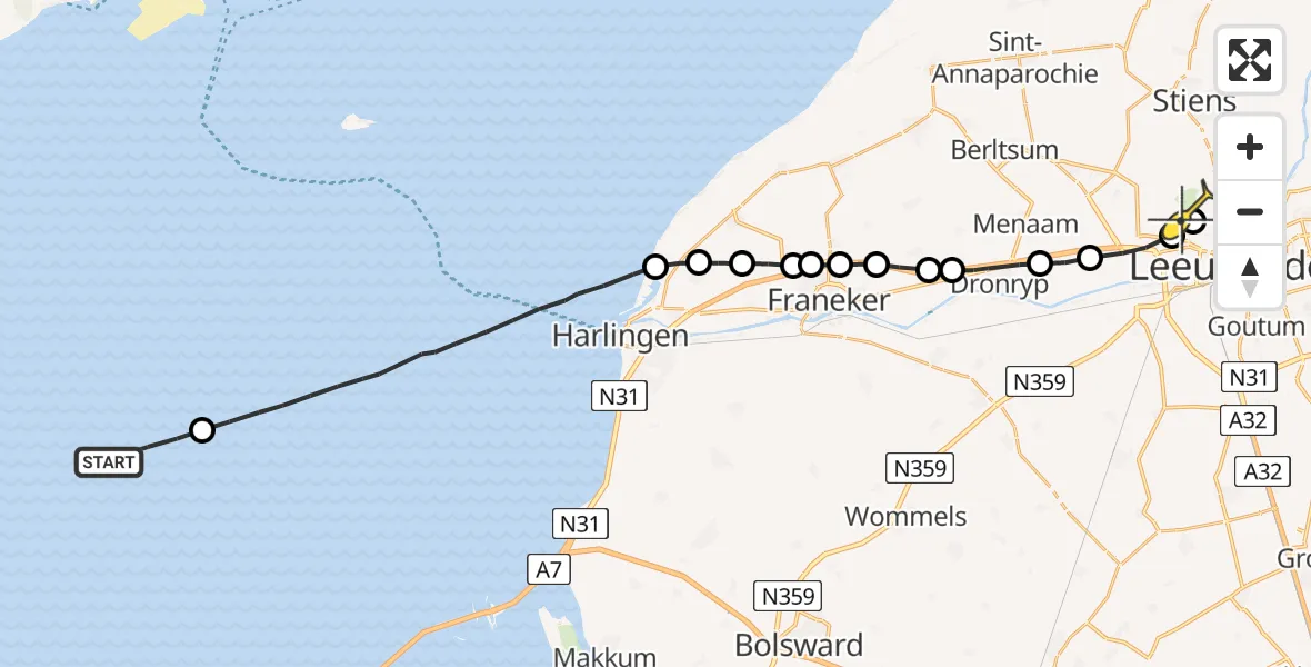Routekaart van de vlucht: Ambulancehelikopter naar Vliegbasis Leeuwarden, Keegsdijkje