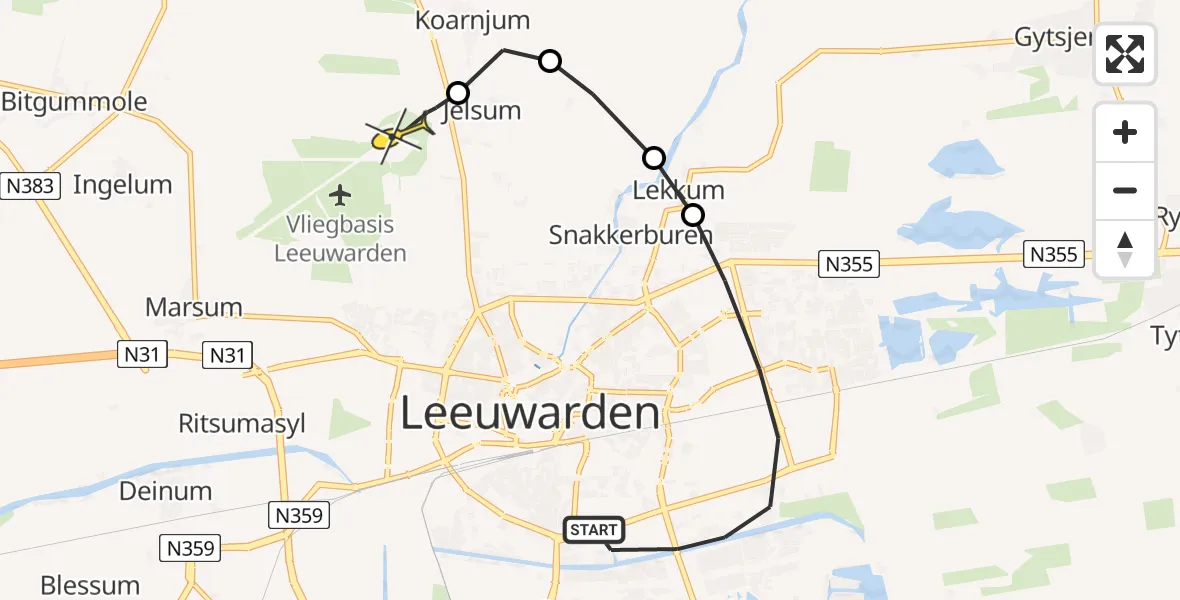 Routekaart van de vlucht: Ambulanceheli naar Vliegbasis Leeuwarden, Drachtsterweg