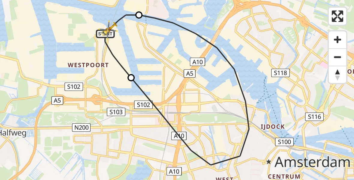 Vluchtroute Traumahelikopter van Amsterdam Heliport naar Amsterdam Heliport