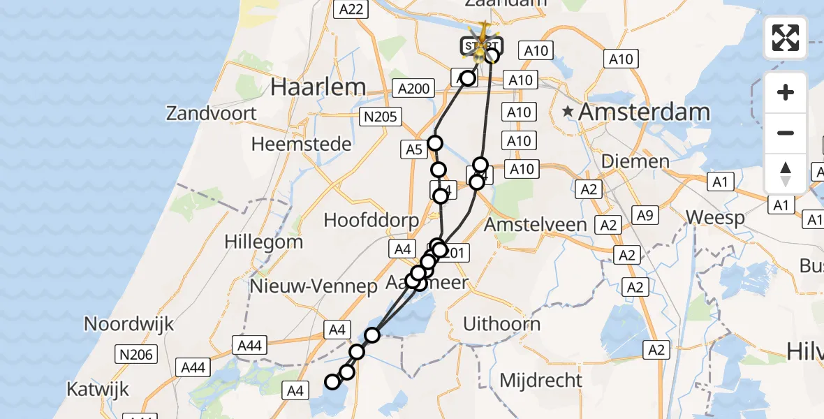Vluchtroute Traumahelikopter van Amsterdam Heliport naar Amsterdam Heliport