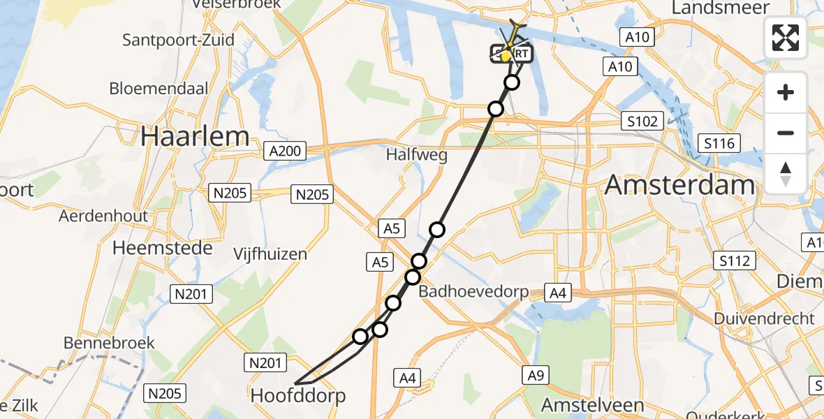 Routekaart van de vlucht: Lifeliner 1 naar Amsterdam Heliport, Nieuw-Zeelandweg