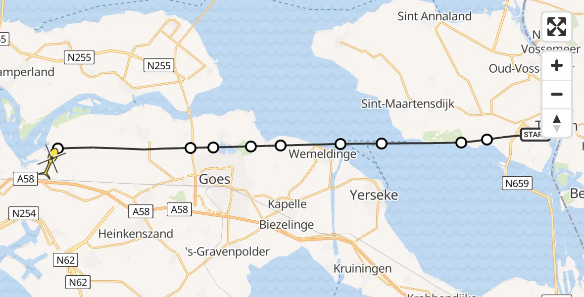 Routekaart van de vlucht: Lifeliner 2 naar Vliegveld Midden-Zeeland, Reimerswaalseweg